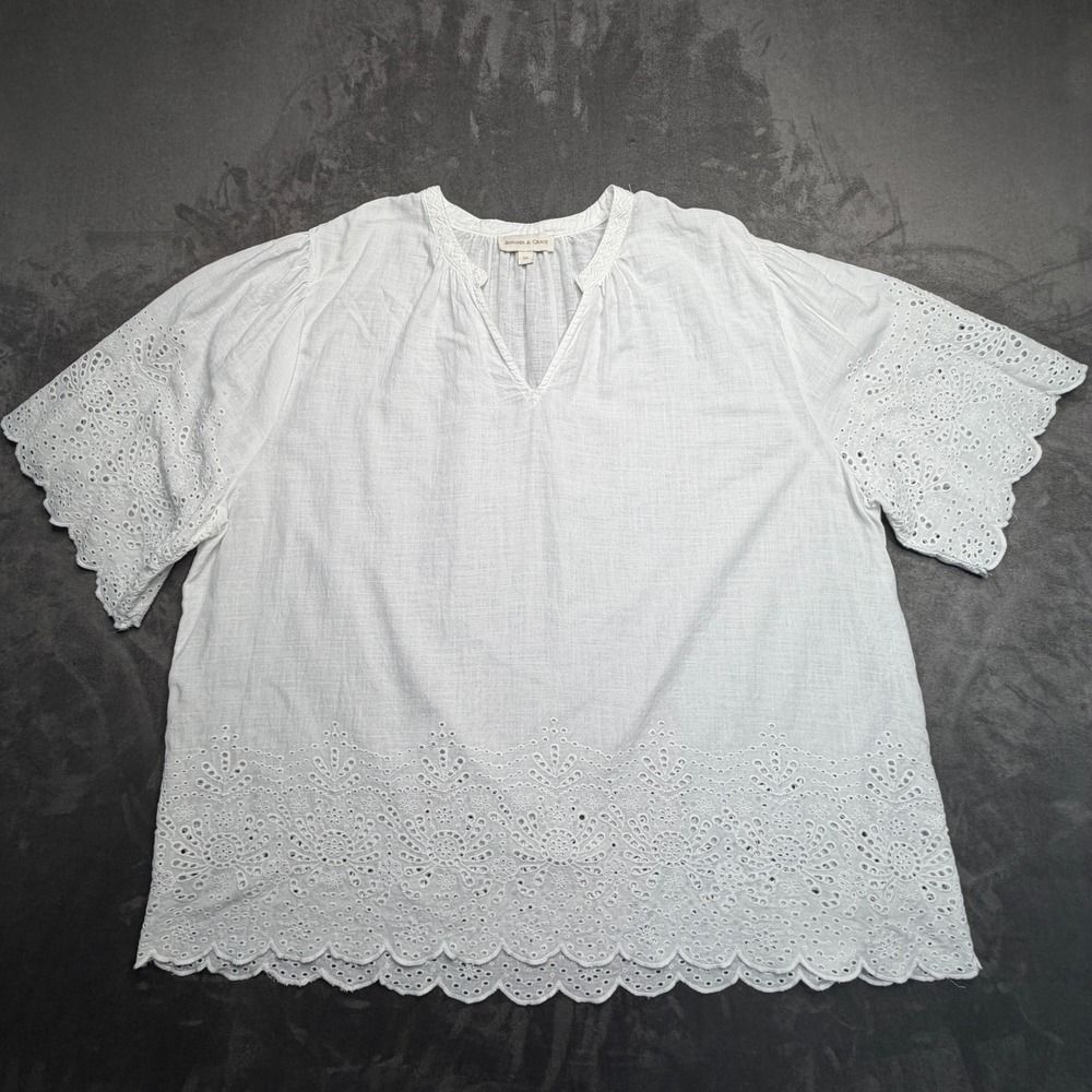 Jennifer & Grace Blouse Womens 3X White Eyelet Lace Cotton Split V-Neck Flutter